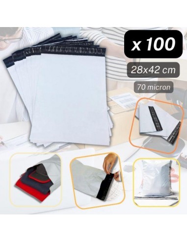 100 Coex Enveloppes ** 28cm x 42cm ** Poly Mailer Bag - 70 microns - Neutral solde